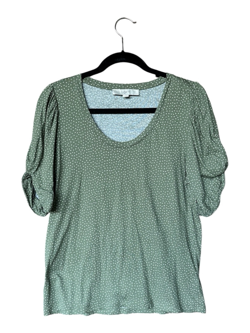 LOFT Green Polka Dot Puff Sleeve Top Small Cotton Scoop Neck Casual Tee